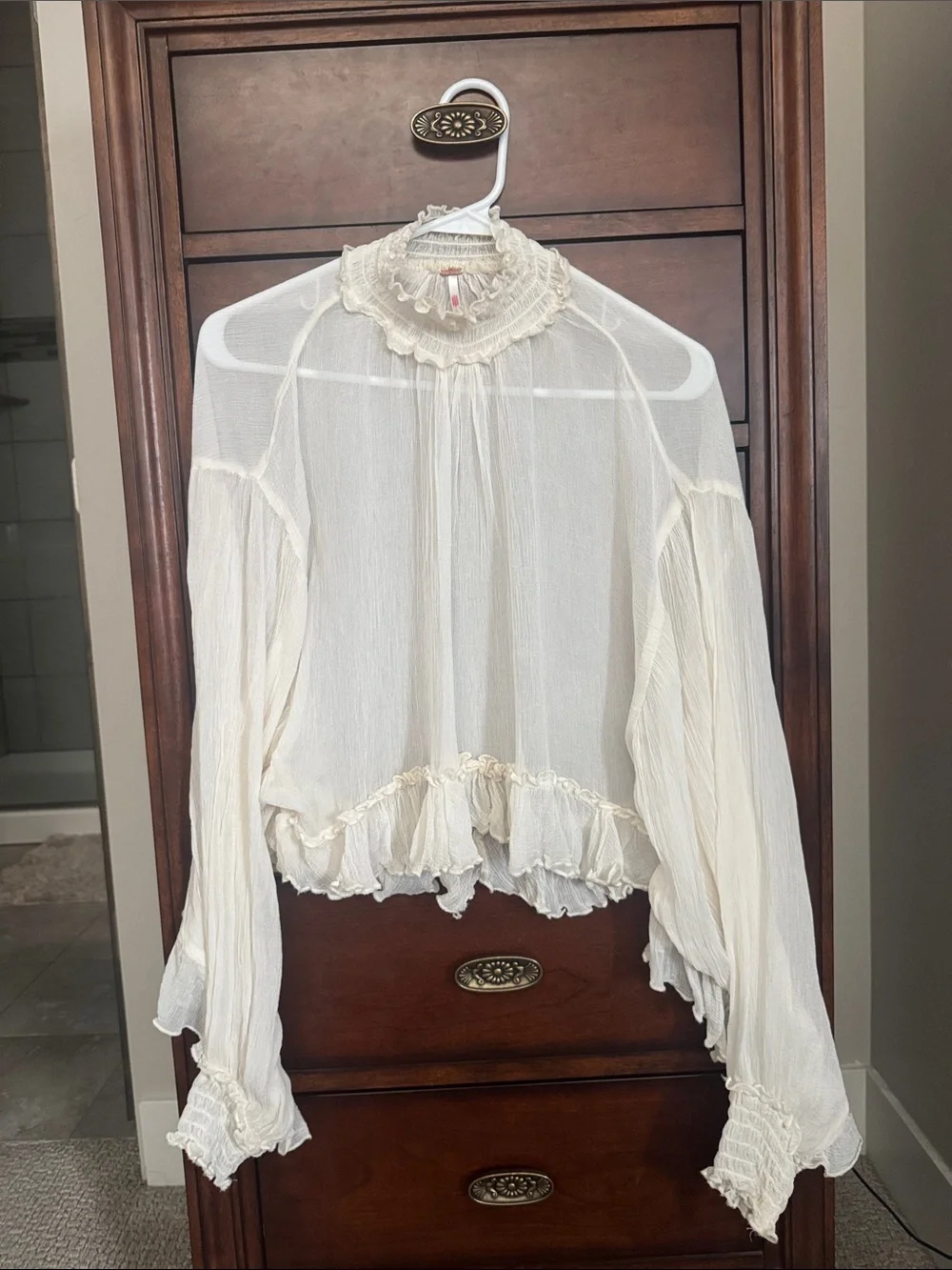 Free People In Bloom sheer cream boho top ruffles long sleeve size small